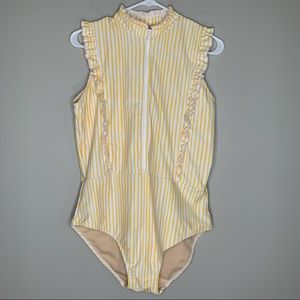 Chase The Sun Mott 50 Yellow Vertical Striped Ruffle SwimSuite Size Xl